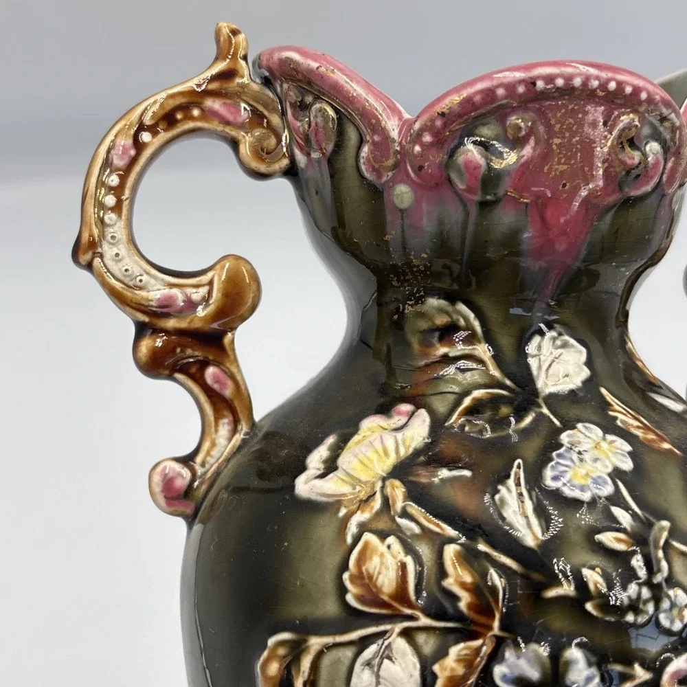 19th Century Eastern European Majolica Vase Raised Flowers 10
